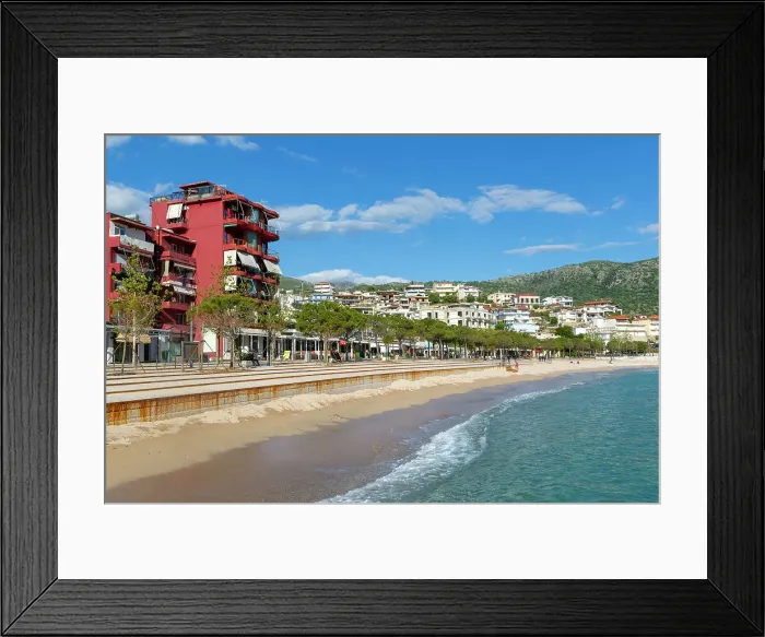 Framed Print : Turquoise blue sea at town beach of Himare, Albanian Riviera, Albania, Europe