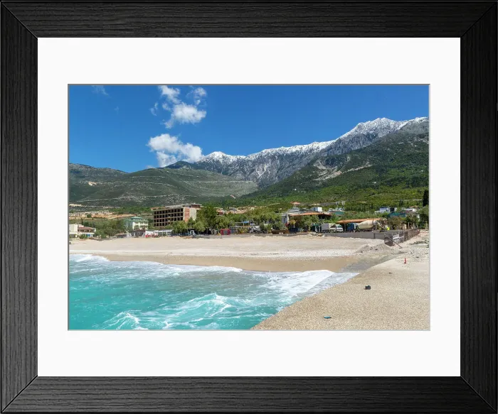 Framed Print : Tourist development construction building work view from Drymades beach to Mount Cika snow capped mountain range, Dhermi, Albanian Riviera, Albania, Europe Framed Print : Tourist development construction building work view from Drymades beach to Mount Cika snow capped mountain range, Dhermi, Albanian Riviera, Albania, Europe