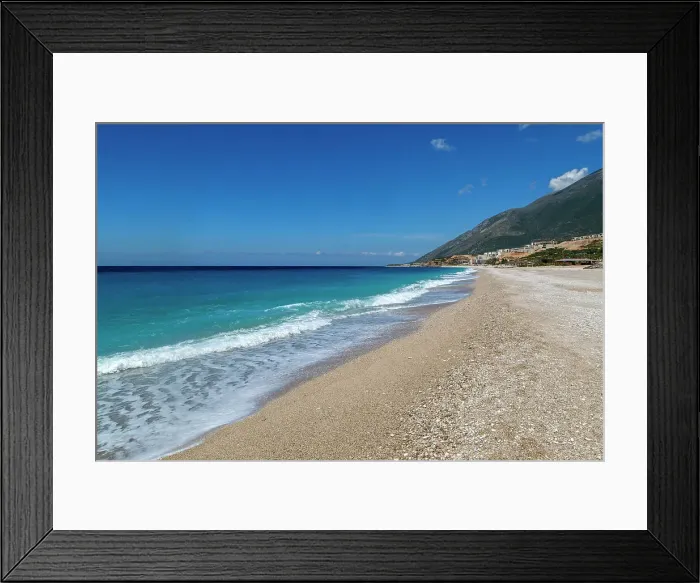 Framed Print : Ionian Sea, Drymades Beach, with large scale tourist development construction building work in the distance, Albanian Riviera, Dhermi, Albania, Europe Framed Print : Ionian Sea, Drymades Beach, with large scale tourist development construction building work in the distance, Albanian Riviera, Dhermi, Albania, Europe