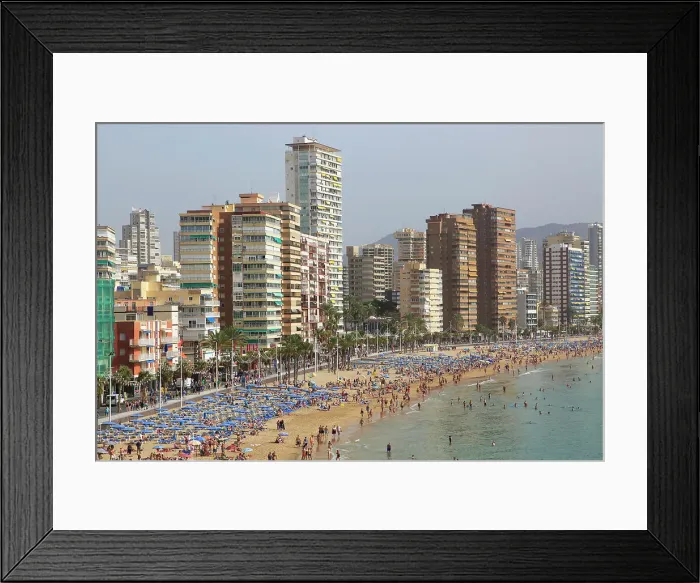 Framed Print : High rise apartment buildings and hotels seafront, Playa Levante sandy beach, Benidorm, Alicante province, Spain, Europe
