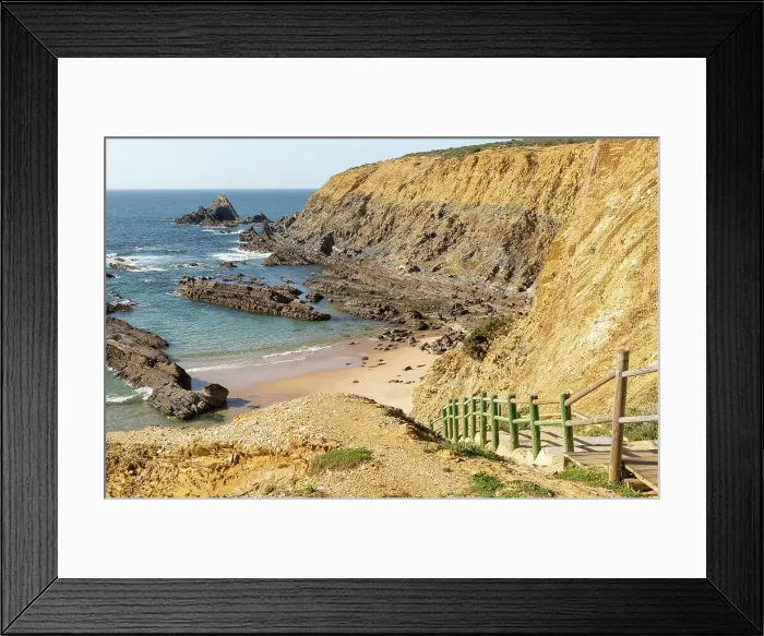 Framed Print : Rocky coastal landscape of Praia dos Alteirinhos beach in bay with rocky headland part of Parque Natural do Sudoeste Alentejano e Costa Vicentina, Zambujeira do Mar, Alentejo Littoral, Portugal, Europe Framed Print : Rocky coastal landscape of Praia dos Alteirinhos beach in bay with rocky headland part of Parque Natural do Sudoeste Alentejano e Costa Vicentina, Zambujeira do Mar, Alentejo Littoral, Portugal, Europe