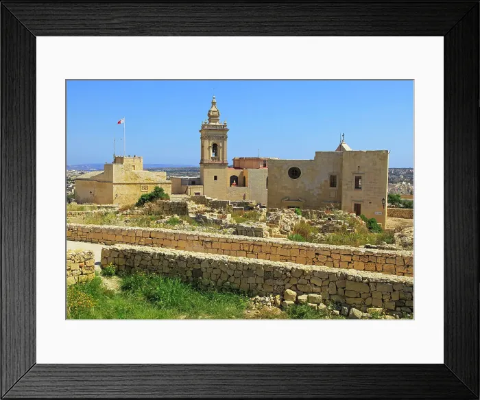 Framed Print : Cathedral church tower and ruins inside citadel castle walls Il-Kastell, Victoria Rabat, Gozo, Malta, Mediterranean, Europe Framed Print : Cathedral church tower and ruins inside citadel castle walls Il-Kastell, Victoria Rabat, Gozo, Malta, Mediterranean, Europe