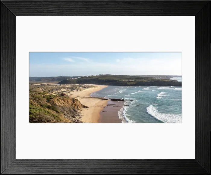 Framed Print : Panorama view of river mouth of Ribeira de Aljezur reaching the Atlantic Ocean and whitewashed buildings of Clero village, Aljezur, Algarve, Portugal, Europe Framed Print : Panorama view of river mouth of Ribeira de Aljezur reaching the Atlantic Ocean and whitewashed buildings of Clero village, Aljezur, Algarve, Portugal, Europe