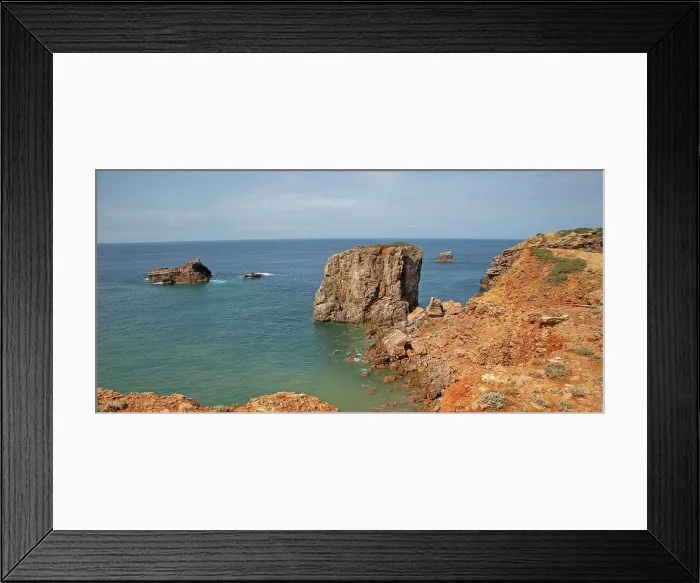 Framed Print : Coastal stacks and stumps, orange coloured crumbling cliffs rise from Atlantic Ocean at Cabo de Sao Vicente (Cape St Vincent), Algarve, Portugal, Europe Framed Print : Coastal stacks and stumps, orange coloured crumbling cliffs rise from Atlantic Ocean at Cabo de Sao Vicente (Cape St Vincent), Algarve, Portugal, Europe