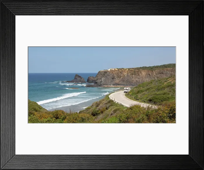 Framed Print : Motorhome parked at viewpoint of Atlantic Ocean waves breaking on rocky headland and bay with sandy beach, Praia de Odeceixe, Algarve, Portugal, Europe Framed Print : Motorhome parked at viewpoint of Atlantic Ocean waves breaking on rocky headland and bay with sandy beach, Praia de Odeceixe, Algarve, Portugal, Europe