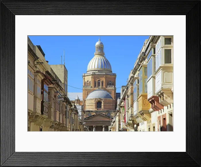 Framed Print : Traditional houses with balconies and dome of Paola Parish Church, Tarxien town, near Valletta, Malta, Mediterranean, Europe Framed Print : Traditional houses with balconies and dome of Paola Parish Church, Tarxien town, near Valletta, Malta, Mediterranean, Europe