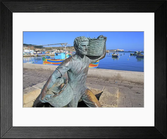 Framed Print : Fisherman statue sculpture in harbour at fishing village of Marsaxlokk, Malta, Mediterranean, Europe Framed Print : Fisherman statue sculpture in harbour at fishing village of Marsaxlokk, Malta, Mediterranean, Europe