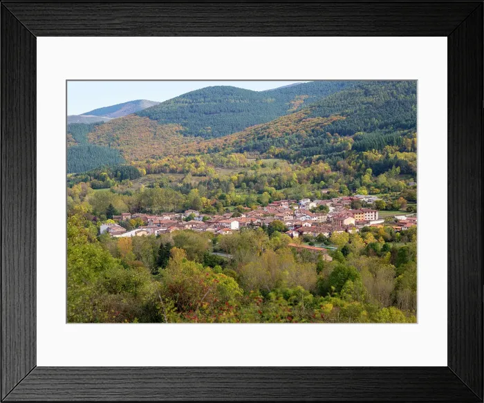 Framed Print : Autumnal countryside landscape view of forests, mountains and village of Valganon, La Rioja, Spain, Europe Framed Print : Autumnal countryside landscape view of forests, mountains and village of Valganon, La Rioja, Spain, Europe