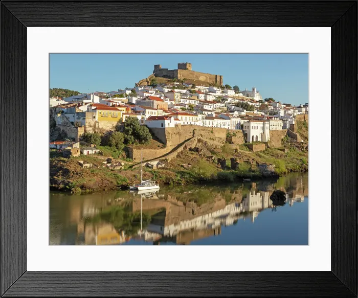 Framed Print : Historic hilltop walled medieval village of Mertola with castle, on the banks of the river Rio Guadiana, Baixo Alentejo, Portugal, Europe