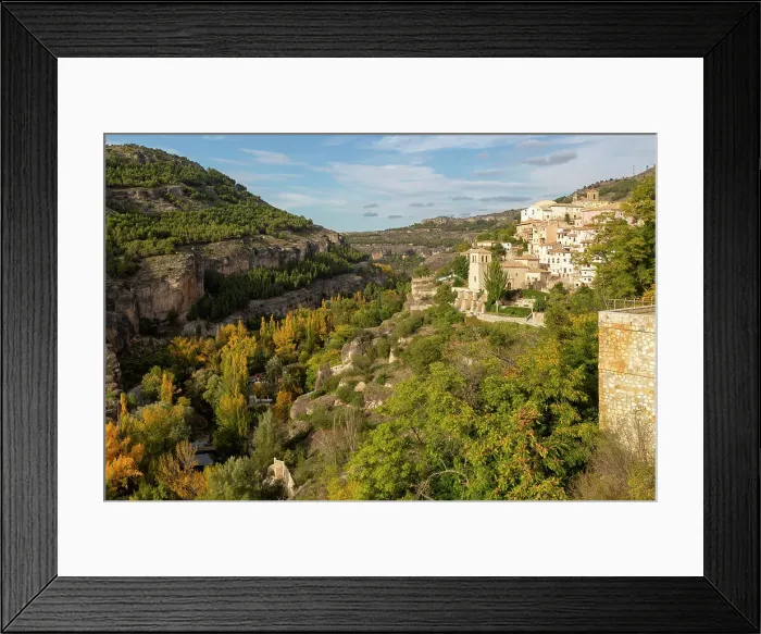 Framed Print : Landscape scenery of river Rio Jucar gorge with historic buildings, Cuenca, Castille La Mancha, Spain, Europe Framed Print : Landscape scenery of river Rio Jucar gorge with historic buildings, Cuenca, Castille La Mancha, Spain, Europe