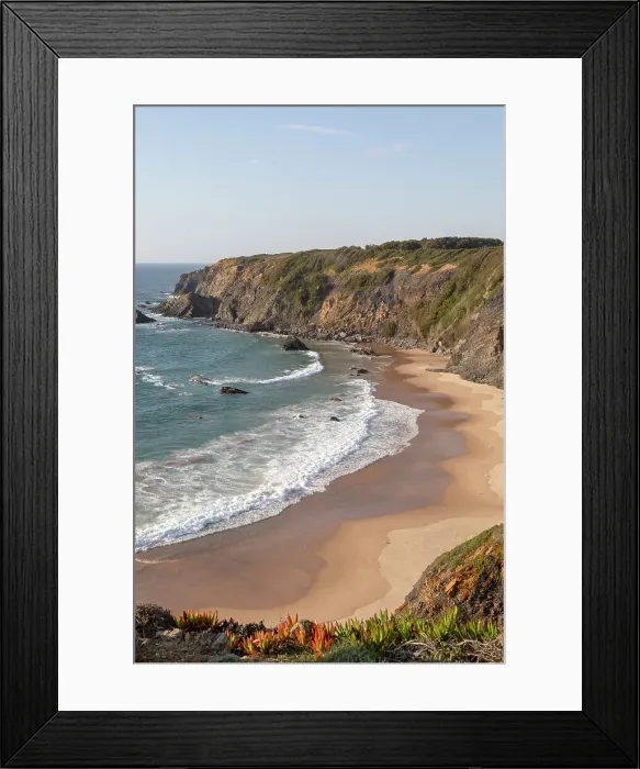 Framed Print : Secluded sandy beach in bay between rocky headlands at Parque Natural do Sudoeste Alentejano e Costa Vicentina, view on the Ruta Vicentina, long distance walking trail, at Praia dos Machados, Carvalhal, Alentejo Littoral, Portugal, Europe Framed Print : Secluded sandy beach in bay between rocky headlands at Parque Natural do Sudoeste Alentejano e Costa Vicentina, view on the Ruta Vicentina, long distance walking trail, at Praia dos Machados, Carvalhal, Alentejo Littoral, Portugal, Europe