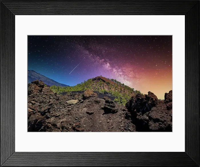 Framed Print : Starry night sky over a volcanic landscape with a colorful twilight gradient in Tenerife, Canary Islands, Spain, Atlantic, Europe