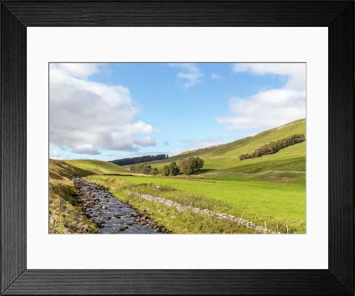 Framed Print : Idyllic countryside landscape with a stream, green hills, and a clear blue sky with clouds, North Yorkshire, England, United Kingdom, Europe Framed Print : Idyllic countryside landscape with a stream, green hills, and a clear blue sky with clouds, North Yorkshire, England, United Kingdom, Europe