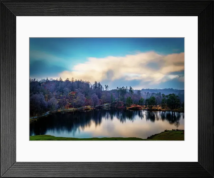 Framed Print : Serene lake with reflection of autumn trees under a dynamic blue sky with clouds at dusk in the Lake District, Cumbria, England, United Kingdom, Europe Framed Print : Serene lake with reflection of autumn trees under a dynamic blue sky with clouds at dusk in the Lake District, Cumbria, England, United Kingdom, Europe