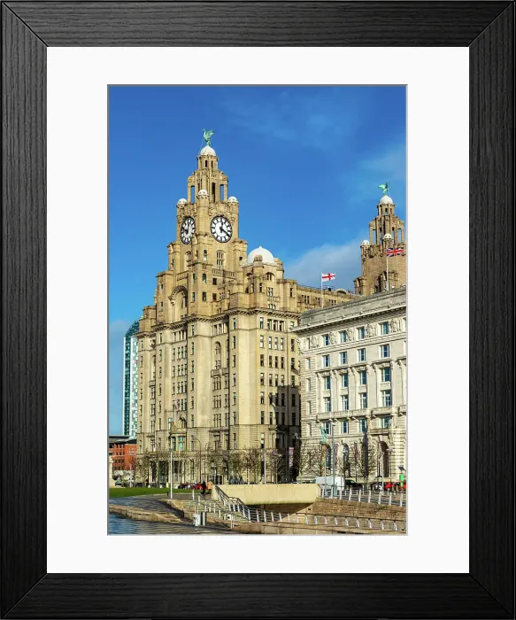 Framed Print : Historic Royal Liver Building with clock tower under blue sky with clouds, Liverpool, Merseyside, England, United Kingdom, Europe Framed Print : Historic Royal Liver Building with clock tower under blue sky with clouds, Liverpool, Merseyside, England, United Kingdom, Europe