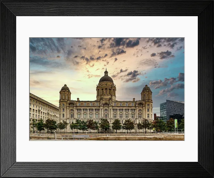 Framed Print : Historic building with domes against a dramatic sunset sky, flanked by trees and a water feature in Liverpool, Merseyside, England, United Kingdom, Europe Framed Print : Historic building with domes against a dramatic sunset sky, flanked by trees and a water feature in Liverpool, Merseyside, England, United Kingdom, Europe