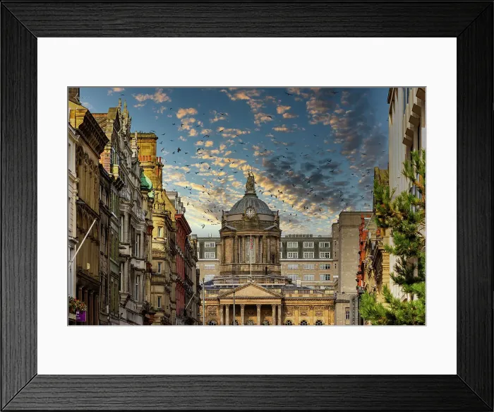 Framed Print : Dramatic sky over historic city street with classic architecture and warm sunlight in Liverpool, Merseyside, England, United Kingdom, Europe Framed Print : Dramatic sky over historic city street with classic architecture and warm sunlight in Liverpool, Merseyside, England, United Kingdom, Europe