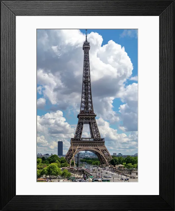 Framed Print : Eiffel Tower on a sunny day with blue sky and fluffy clouds, iconic Parisian landmark, Paris, France, Europe Framed Print : Eiffel Tower on a sunny day with blue sky and fluffy clouds, iconic Parisian landmark, Paris, France, Europe