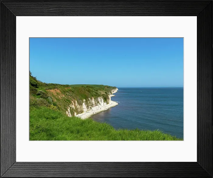 Framed Print : Scenic view of white chalk cliffs and green coastline against a clear blue sky, Flamborough, Yorkshire, England, United Kingdom, Europe Framed Print : Scenic view of white chalk cliffs and green coastline against a clear blue sky, Flamborough, Yorkshire, England, United Kingdom, Europe