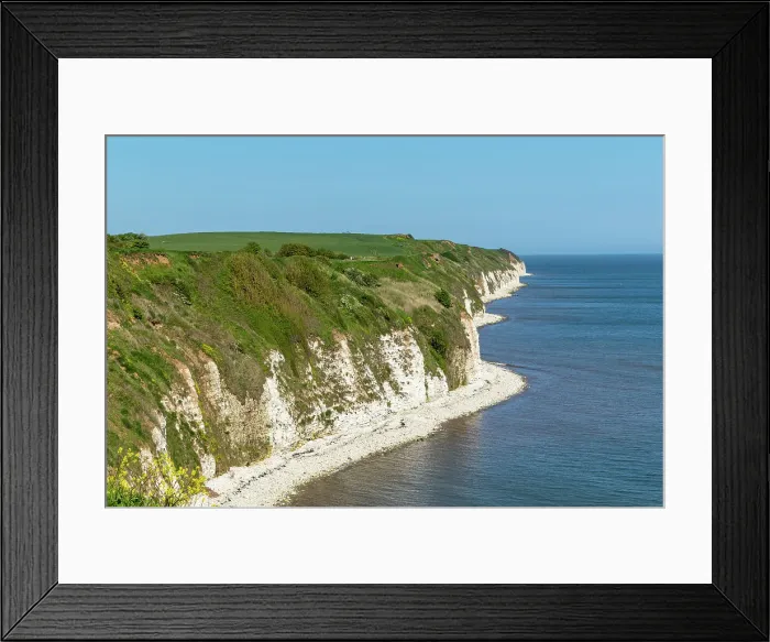 Framed Print : Scenic view of white chalk cliffs with lush greenery, beside a calm blue sea under a clear sky, Flamborough, Yorkshire, England, United Kingdom, Europe