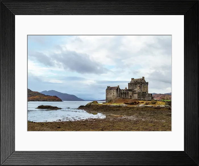 Framed Print : Majestic ancient castle by a serene lake with cloudy skies and mountainous backdrop, Eilean Donan, Dornie, Scotland, United Kingdom, Europe Framed Print : Majestic ancient castle by a serene lake with cloudy skies and mountainous backdrop, Eilean Donan, Dornie, Scotland, United Kingdom, Europe