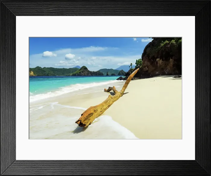 Framed Print : Driftwood on white sand beach at beautiful Mahoro Island with Masare and Pahepa Islands beyond, Mahoro, Siau, Sangihe Archipelago, North Sulawesi, Indonesia, Southeast Asia, Asia