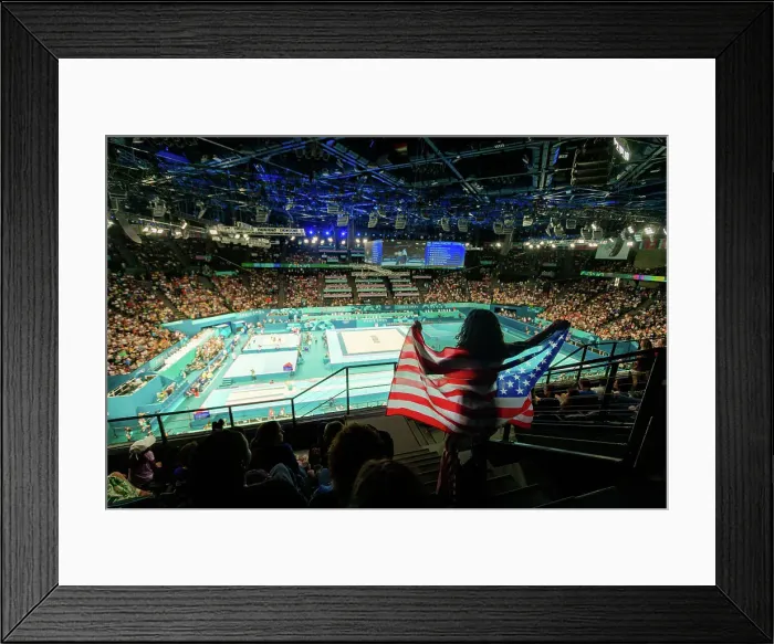 Framed Print : Patriotic American Women cheering on team usa gymnastics at the Paris 2024 Olympics, Bercy Arena, Paris, France, Europe Framed Print : Patriotic American Women cheering on team usa gymnastics at the Paris 2024 Olympics, Bercy Arena, Paris, France, Europe