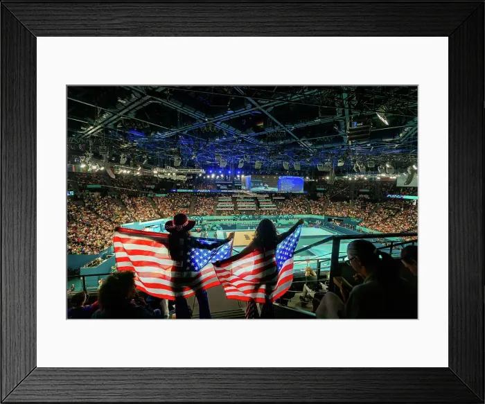 Framed Print : Patriotic American Women cheering on team usa gymnastics at the Paris 2024 Olympics, Bercy Arena, Paris, France, Europe Framed Print : Patriotic American Women cheering on team usa gymnastics at the Paris 2024 Olympics, Bercy Arena, Paris, France, Europe