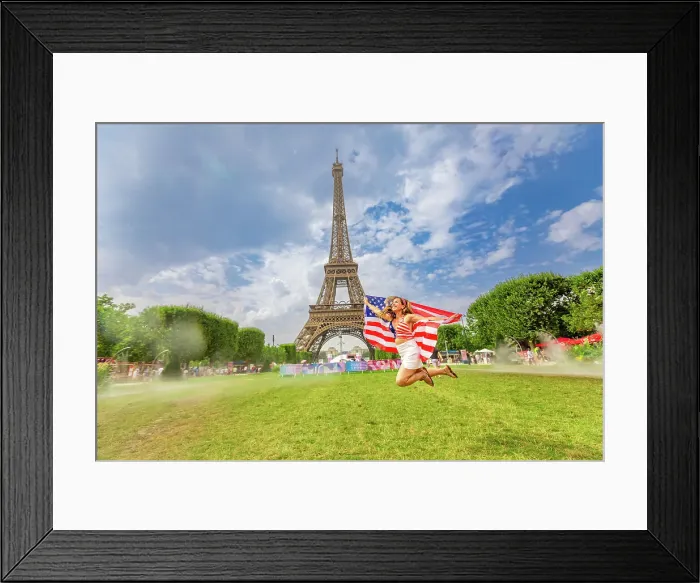Framed Print : Patriotic American Woman Jumping and cheering at the Paris 2024 Olympics, Eiffel Tower Stadium, Paris, France, Europe Framed Print : Patriotic American Woman Jumping and cheering at the Paris 2024 Olympics, Eiffel Tower Stadium, Paris, France, Europe