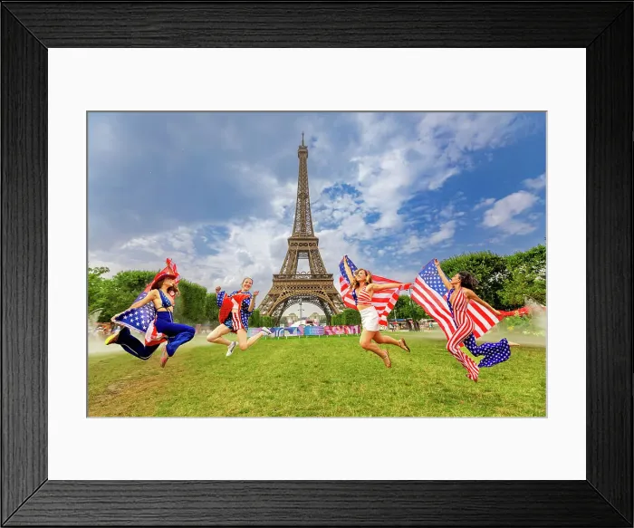 Framed Print : Patriotic American Women Jumping and cheering at the Paris 2024 Olympics, Eiffel Tower Stadium, Paris, France, Europe