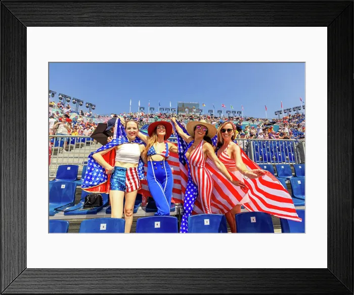 Framed Print : Patriotic American Woman jumping and cheering for Team USA and the Paris 2024 Olympics in front of the Eiffel Tower beach volleyball stadium, Paris, France, Europe Framed Print : Patriotic American Woman jumping and cheering for Team USA and the Paris 2024 Olympics in front of the Eiffel Tower beach volleyball stadium, Paris, France, Europe
