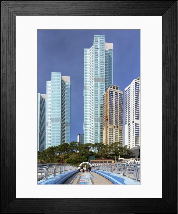 Framed Print : Footbridge and skyscrapers at Songdo beach, Busan, South Korea, Asia Framed Print : Footbridge and skyscrapers at Songdo beach, Busan, South Korea, Asia