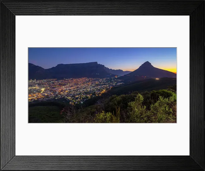 Framed Print : View of Cape Town, Lion's Head and Table Mountain from Signal Hill at dusk, Cape Town, Western Cape, South Africa, Africa Framed Print : View of Cape Town, Lion's Head and Table Mountain from Signal Hill at dusk, Cape Town, Western Cape, South Africa, Africa