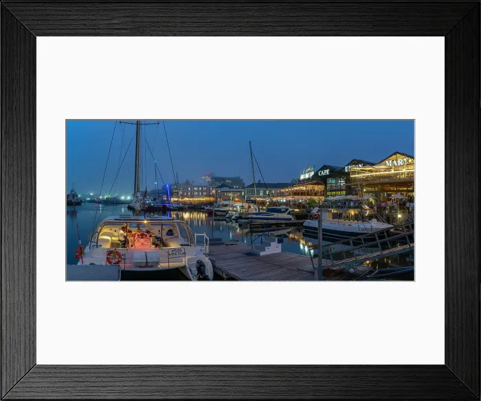 Framed Print : View of boats and restaurants in the Waterfront at dusk, Cape Town, Western Cape, South Africa, Africa Framed Print : View of boats and restaurants in the Waterfront at dusk, Cape Town, Western Cape, South Africa, Africa