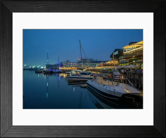 Framed Print : View of boats and restaurants in the Waterfront at dusk, Cape Town, Western Cape, South Africa, Africa Framed Print : View of boats and restaurants in the Waterfront at dusk, Cape Town, Western Cape, South Africa, Africa