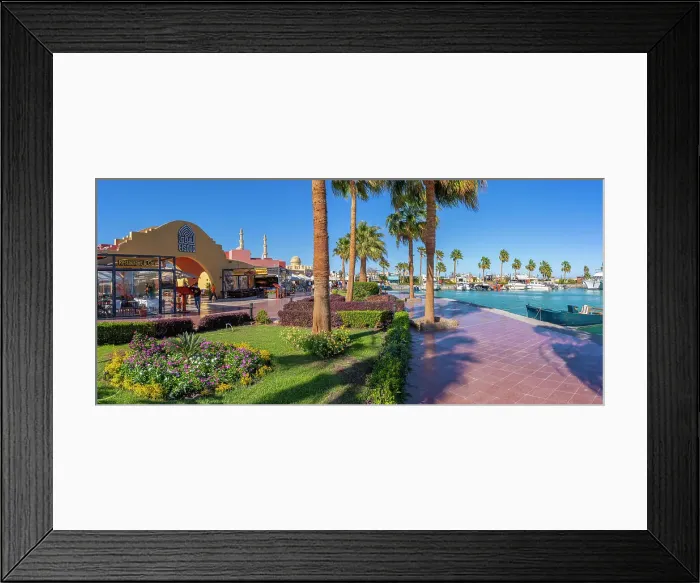 Framed Print : View of cafe and waterfront in Hurghada Marina and Al Mina Mosque in background, Hurghada, Red Sea Governorate, Egypt, North Africa, Africa Framed Print : View of cafe and waterfront in Hurghada Marina and Al Mina Mosque in background, Hurghada, Red Sea Governorate, Egypt, North Africa, Africa