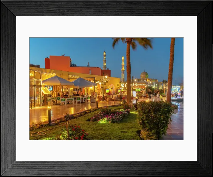 Framed Print : View of cafe and restaurant in Hurghada Marina and Al Mina Mosque in background at dusk, Hurghada, Red Sea Governorate, Egypt, North Africa, Africa Framed Print : View of cafe and restaurant in Hurghada Marina and Al Mina Mosque in background at dusk, Hurghada, Red Sea Governorate, Egypt, North Africa, Africa