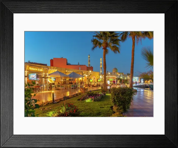 Framed Print : View of cafe and restaurant in Hurghada Marina and Al Mina Mosque in background at dusk, Hurghada, Red Sea Governorate, Egypt, North Africa, Africa Framed Print : View of cafe and restaurant in Hurghada Marina and Al Mina Mosque in background at dusk, Hurghada, Red Sea Governorate, Egypt, North Africa, Africa