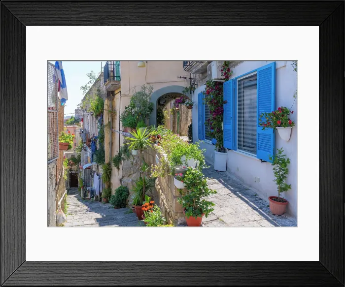 Framed Print : View of colourful narrow street, house with blue shutters and pot plants, Naples, Campania, Italy, Europe Framed Print : View of colourful narrow street, house with blue shutters and pot plants, Naples, Campania, Italy, Europe