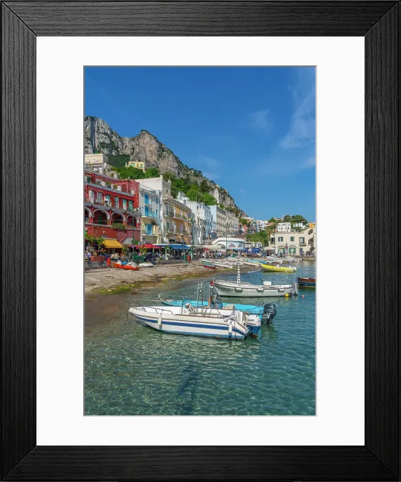 Framed Print : View of boats in Marina Grande and shops and cafes on the quayside, Isle of Capri, Bay of Naples, Campania, Italy, Mediterranean, Europe Framed Print : View of boats in Marina Grande and shops and cafes on the quayside, Isle of Capri, Bay of Naples, Campania, Italy, Mediterranean, Europe