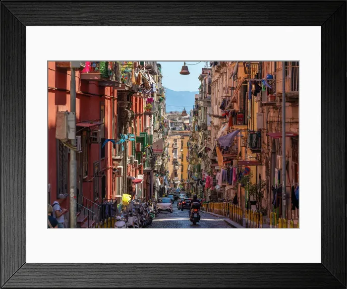 Framed Print : View of motocyclists and architecture on Via Francesco Girardi, Naples, Campania, Italy, Europe