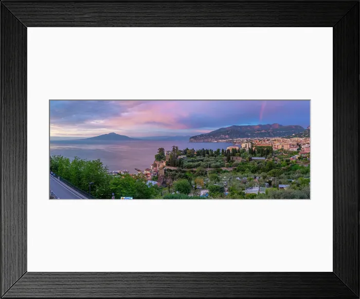 Framed Print : Panoramic view of Sorrento, Mount Vesuvius and Bay of Naples at sunset, Sorrento, Campania, Italy, Mediterranean, Europe Framed Print : Panoramic view of Sorrento, Mount Vesuvius and Bay of Naples at sunset, Sorrento, Campania, Italy, Mediterranean, Europe