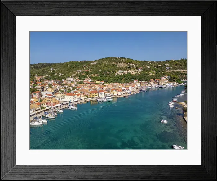 Framed Print : Aerial view of Gaios, the main port and harbour on the island of Paxos, Paxos, Ionian Islands, Greek Islands, Greece, Europe Framed Print : Aerial view of Gaios, the main port and harbour on the island of Paxos, Paxos, Ionian Islands, Greek Islands, Greece, Europe