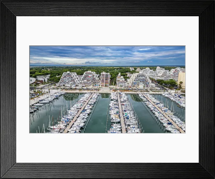 Framed Print : Aerial of the sport harbour, futuristic seaside town of La Grande Motte, Herault, Occitania, France, Europe