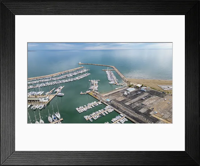 Framed Print : Aerial of the sport harbour, futuristic seaside town of La Grande Motte, Herault, Occitania, France, Europe Framed Print : Aerial of the sport harbour, futuristic seaside town of La Grande Motte, Herault, Occitania, France, Europe