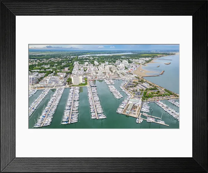 Framed Print : Aerial of the sport harbour, futuristic seaside town of La Grande Motte, Herault, Occitania, France, Europe Framed Print : Aerial of the sport harbour, futuristic seaside town of La Grande Motte, Herault, Occitania, France, Europe
