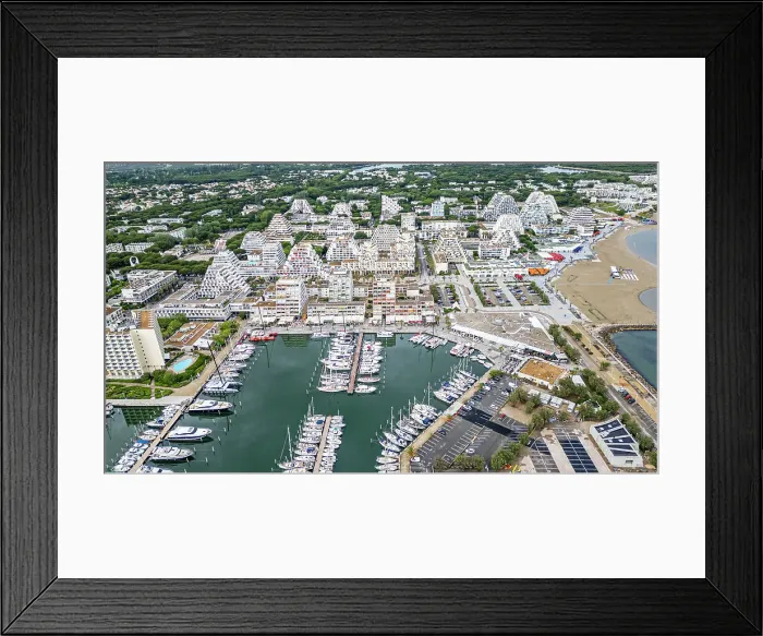 Framed Print : Aerial of the sport harbour, futuristic seaside town of La Grande Motte, Herault, Occitania, France, Europe Framed Print : Aerial of the sport harbour, futuristic seaside town of La Grande Motte, Herault, Occitania, France, Europe