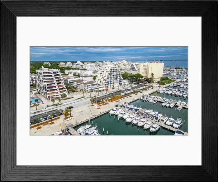 Framed Print : Aerial of the sport harbour, futuristic seaside town of La Grande Motte, Herault, Occitania, France, Europe Framed Print : Aerial of the sport harbour, futuristic seaside town of La Grande Motte, Herault, Occitania, France, Europe