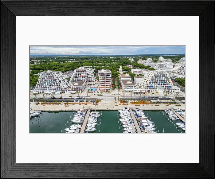Framed Print : Aerial of the sport harbour, futuristic seaside town of La Grande Motte, Herault, Occitania, France, Europe Framed Print : Aerial of the sport harbour, futuristic seaside town of La Grande Motte, Herault, Occitania, France, Europe