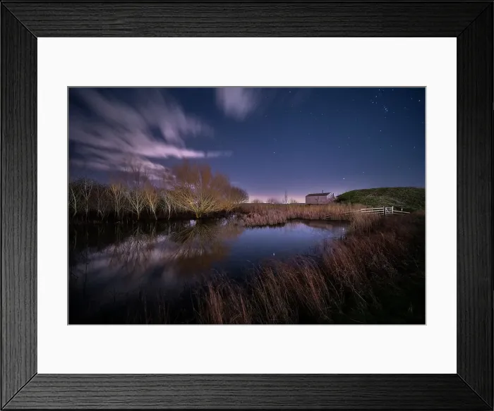 Framed Print : Shepherd Hut and pond at night illuminated by moonlight, Elmley Nature Reserve, Kent, England, United Kingdom, Europe Framed Print : Shepherd Hut and pond at night illuminated by moonlight, Elmley Nature Reserve, Kent, England, United Kingdom, Europe